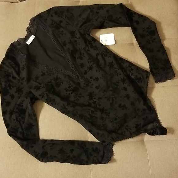 Free People Babes in Bandeaus Black Mesh Velvet Long Sleeve Deep V Neck Bodysuit - Picture 10 of 16